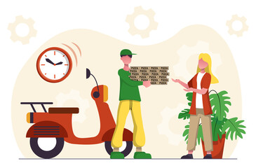 Food delivery. A food delivery man brought a pizza to a girl on a scooter.