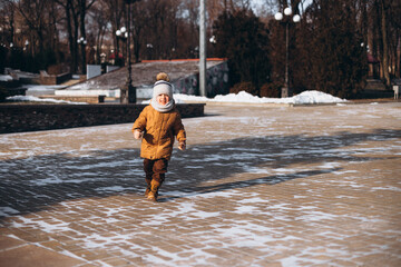 Children's walk on a winter morning