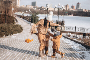 Children's walk on a winter morning