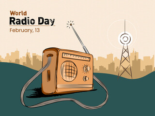 World Radio Day (13th February), hand drawn flat line art Vector Illustration.