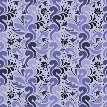 Periwinkle Colors. Pantone Color Veri Peri. Flowy Shapes. Norwegian Flower Folk Art. Seamless Repeat Pattern. 