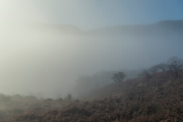 Misty mountain landscape seen from Ben Lomond in Loch Lomond and the Trossachs National Park,...
