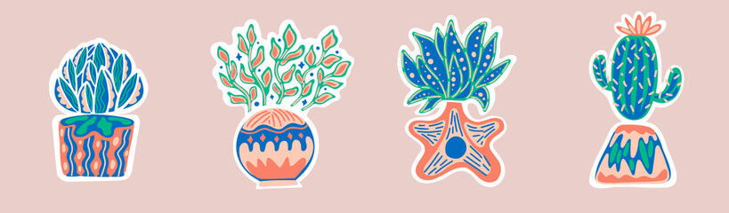 Obraz premium Flower hand drawn vector. Succulent home plant.Decorations sticker.Tropical leaves urban jungle.Various cactus collection.Silhouette style illustration. Vase saguaro.Funny cute wild