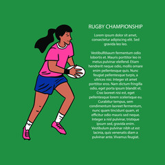 Rugby championship, game flat vector banner template. Competition announcing poster design idea. Woman with ball,  female rugby player with sports facilities cartoon character