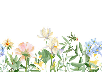 Watercolor floral horizontal pattern with wildflowers, leaves, foliage, plants. Garden banner botanical background. Stock illustration.