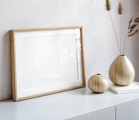 Mockup frame in simple minimal interior, 3d render