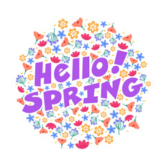 Purple Hello Spring Text Over Colorful Floral In Circular Shape On White Background.