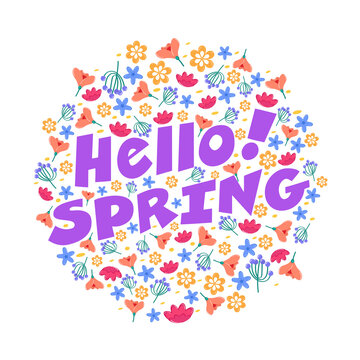 Purple Hello Spring Text Over Colorful Floral In Circular Shape On White Background.