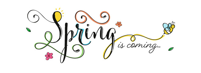 Spring Is Coming Calligraphy With Flying Bee On White Background.