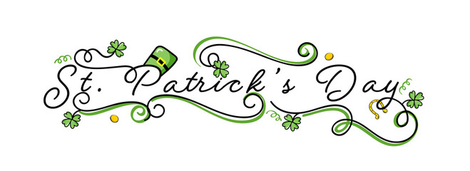 St. Patrick's Day Calligraphy With Leprechaun Hat, Clover Leaves, Coins And Golden Horseshoe On White Background.