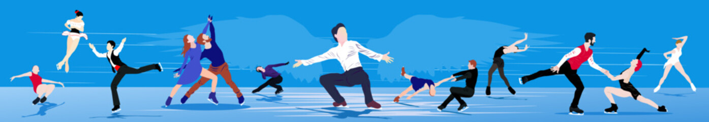 Set of cartoon character abstract people skating on ice on abstract blue background