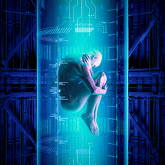 Man clone - 3D illustration of science fiction scene showing human male figure floating inside futuristic medical cloning tube - obrazy, fototapety, plakaty