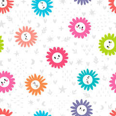 Cute seamless pattern with colored daisies. Floral print with chamomile. Great for fabric, wrapping paper, textile