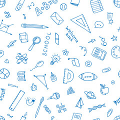Hand drawn seamless pattern with school elements. Sketch, doodle. Back to school background