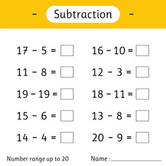 Subtraction. Number range up to 20. Math worksheet for kids. Mathematics. Solve examples and write. Developing numeracy skills