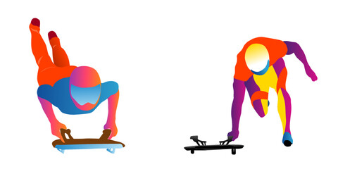 Cartoon illustration of an abstract man riding a two-strip sled on an ice chute on blue background. skeleton