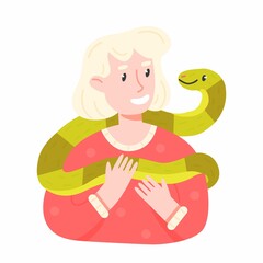 Happy pet owner girl with a snake in cartoon style. Vector illustration of a woman with a pet python.