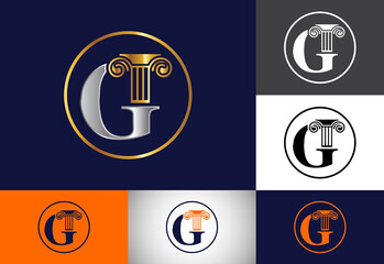 Initial letter G with law pillar logo design. Law office vector logo template