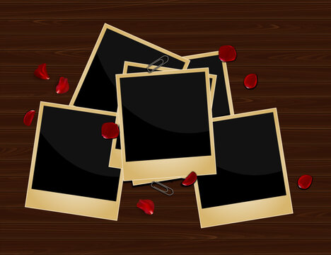 Vector memory shots. Photo frames on wooden background.