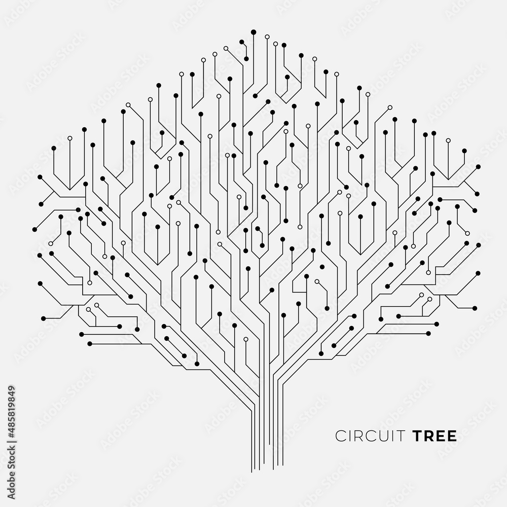 Poster cyber tree vector illustration. high-tech technology background texture. cyber circuit future techno