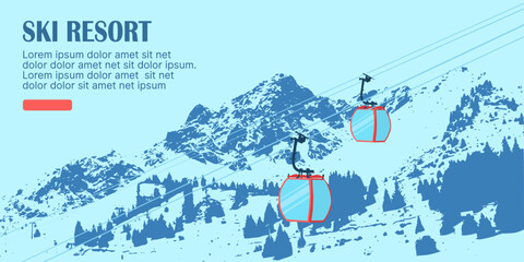 UI design of ski resort. Homepage design of a cable car, moving in the twilight sky in the mountains. vector © Serendipity art