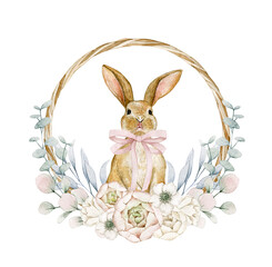 Watercolor illustration easter card with wreath, flowers, eucalyptus, bunny. Isolated on white background. Hand drawn clipart. Perfect for card, postcard, tags, invitation, printing, wrapping.