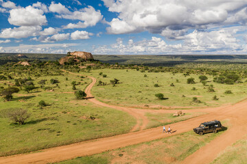 Fototapeta premium Baboon Rock at Sosian Ranch, Laikipia County, Kenya drone
