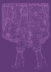 Vector hand drawn female feet in shoes with high heels and transparent socks and long patterned skirt. Floral and stars print. Fashion illustration. Pattern Design card, t-shirt. Pink lines on purple 