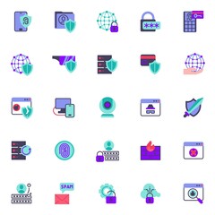 Cyber security elements collection, flat icons set