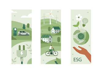 
Sustainable living illustration set. ESG, green energy and sustainable industry with windmills and solar energy panels. Environmental, Social, and Corporate Governance concept. Vector illustration. - obrazy, fototapety, plakaty