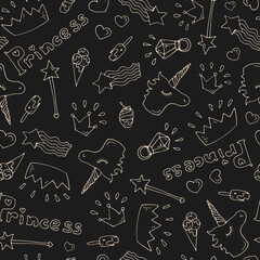 Vector hand drawn doodle cute seamless pattern Princes magic accessories: Crown, unicorn, magic wand, ice cream, diamond ring, star. The fantasy world of girls dreams. light yellow lines on brown back
