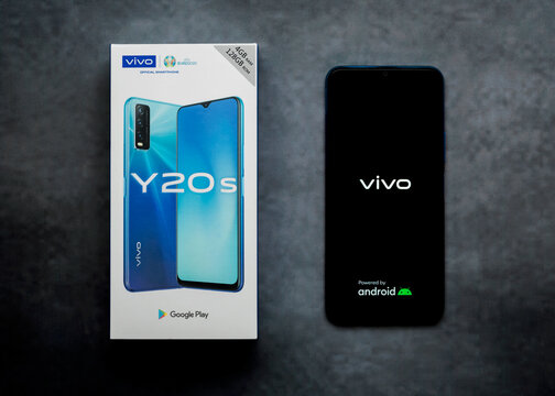 Vivo smartphone box and phone with Vivo logo on the screen. Vivo smartphone Y20s