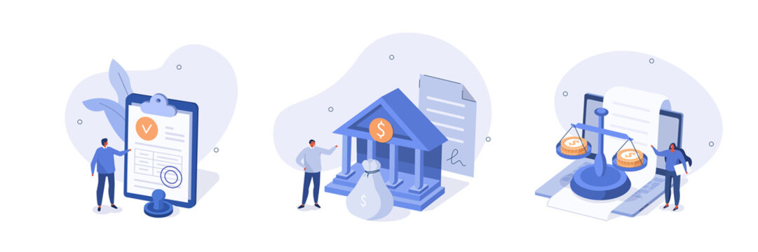 Public Finance Illustration Set. Characters Receiving Grant, Subsidy Or Over Financial Support From Federal Budget. Government Spending, Tax And Financial Law Concept. Vector Illustration.