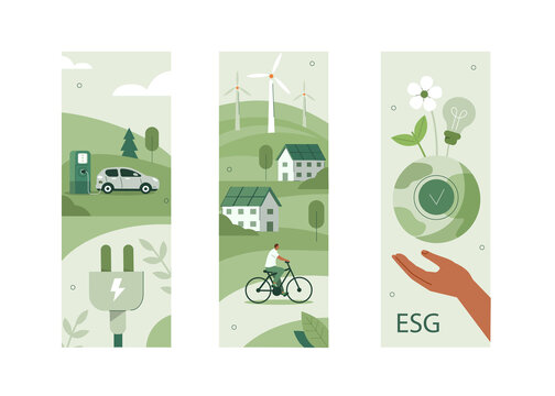 
Sustainable living illustration set. ESG, green energy and sustainable industry with windmills and solar energy panels. Environmental, Social, and Corporate Governance concept. Vector illustration.