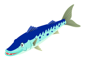 Blue barracuda in flat art style. Cute mascot illustration of carnivore fish. Image for child book, learning materials or zoo biology lessons. Isolated cute and friendly character on white background