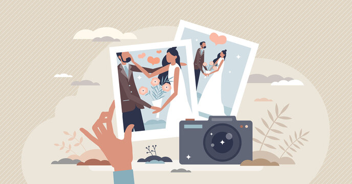 Wedding photography shooting with pictures from love celebration tiny person concept. Engagement event romantic photos for memories vector illustration. Capture couple in happy just married moment