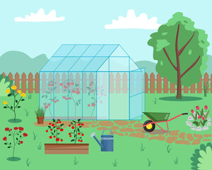 Spring countryside landscape with greenhouse, tomato, trees, watering can, wheelbarrow, flowers, tulips, rose.  Glass house with tomatoes.