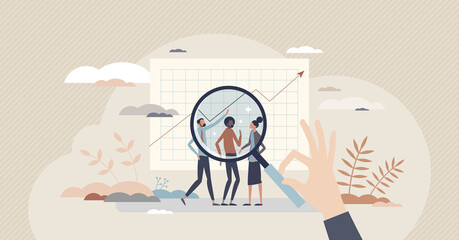 Organizational psychology with team behavior management tiny person concept. Company employees collaboration and motivation successful improvement with workplace mental research vector illustration.