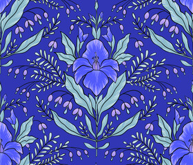 Abstract blue gladiolus and lilac bluebells with leaves on dark. Isolated seamless pattern with outline. For fabric, wrapping paper, wallpaper. Vector illustration