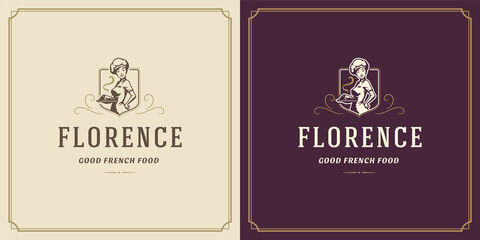 Restaurant label design vector illustration chef woman holding dish plate silhouette