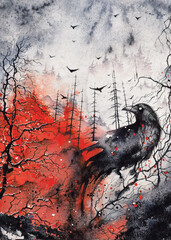 Black raven sitting on a tree near the forest in fire. Save the nature concept. Horror red and black watercolor art - 485822031