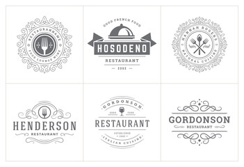 Restaurant logos templates set vector illustration good for menu labels and cafe badges