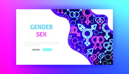 Gender Sex Neon Landing Page.  Vector Illustration of People Rights Promotion.