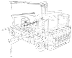 Vector Illustration of Tow Truck. Towing. Drawing outline isolated on white background.