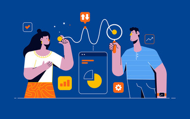 People working with big data, analyzing and auditing business processes. Online communication, analytics, management and multitasking. Colored flat vector illustration isolated on blue background
