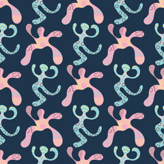 Funky dancing people vector pattern background. Fun backdrop of abstract dance figures with memphis design style texture. Blue, pink, indigo repeat. Naive hand drawn all over print for summer, party.