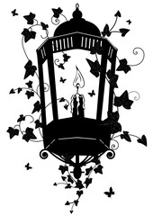 Vector illustration with street lamp, ivy, candle and butterflies in black and white colors, design element.