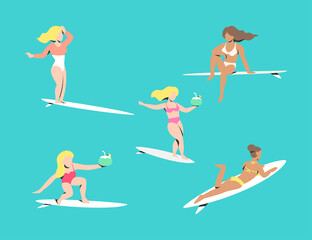 SURFER GIRLS WITH SOME DIFFERENT POSES ON THE SURFING BOARD. PREMIUM VECTOR.