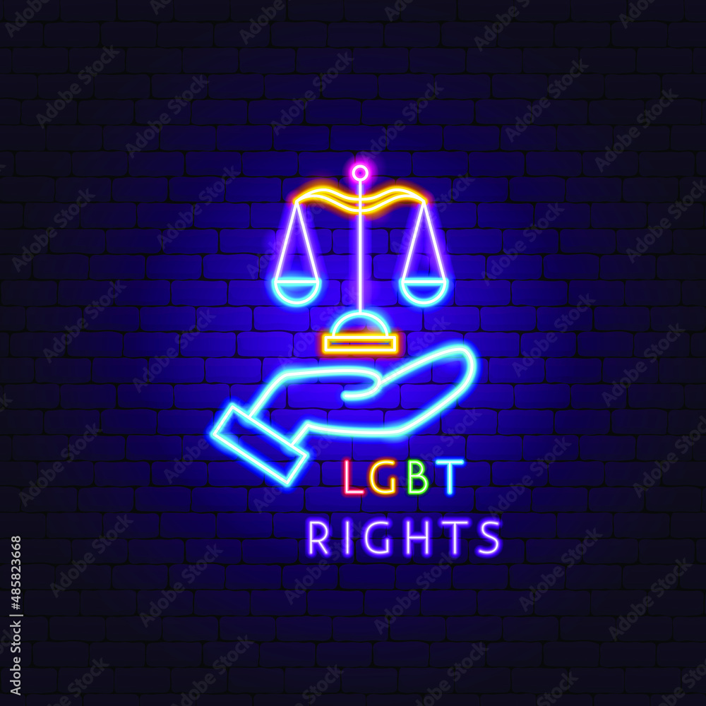 Wall mural lgbt rights neon label. vector illustration of scales promotion.