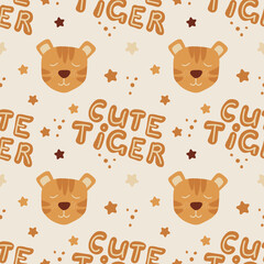 Cute tiger with lettering phrase cute tiger on a beige background. Seamless pattern, texture, backdrop. Vector illustration. Concept for wrapping paper, scrapbooking, decoration, nursery room.